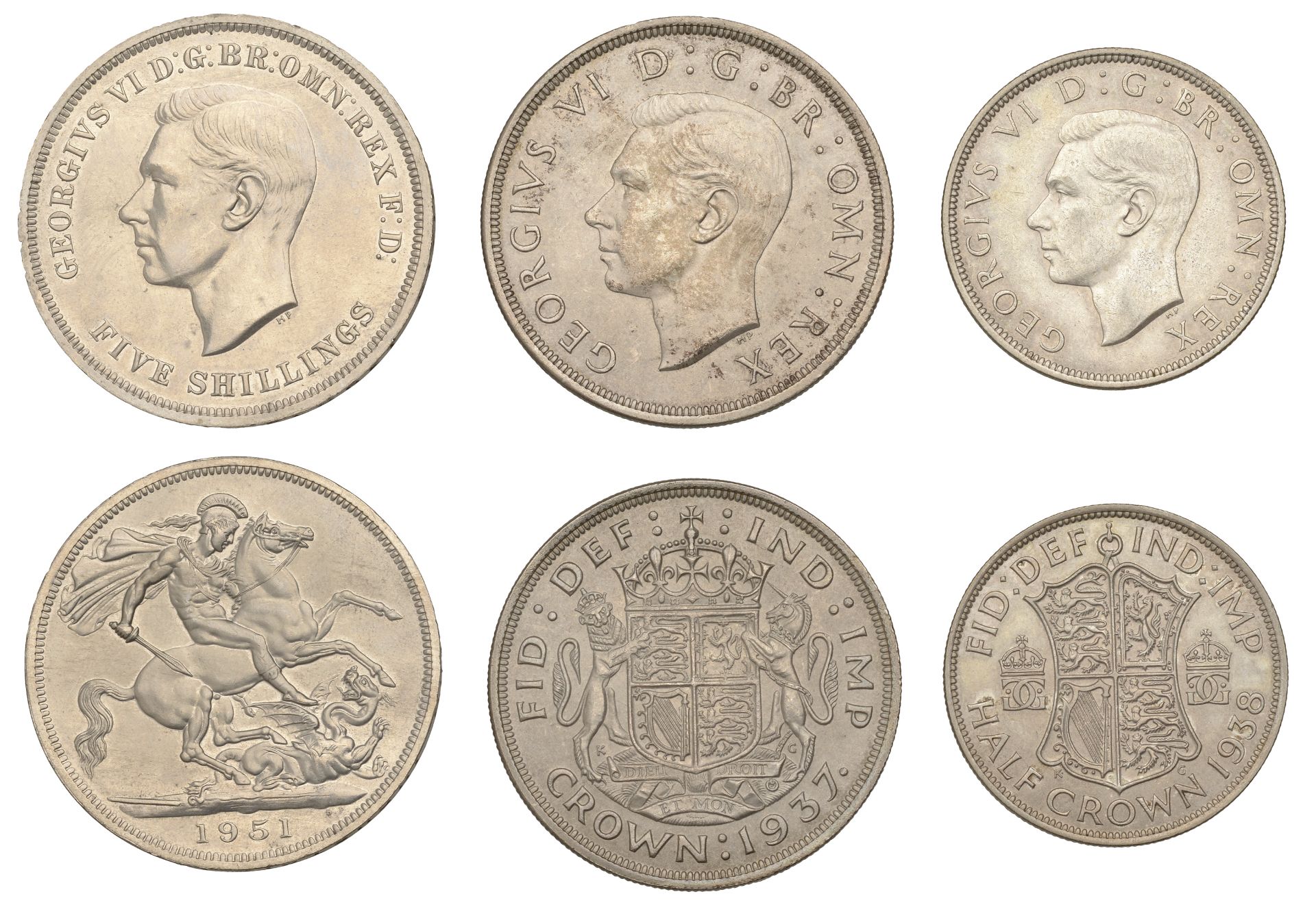 George VI, Crowns (2), 1937 and 1951, Halfcrown, 1938 (S 4078, 4079, 4111) [3]. Extremely fi...