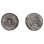 Early Anglo-Saxon Period, Sceatta, Secondary series X, Danish type B1, 'Wodan' head facing,...