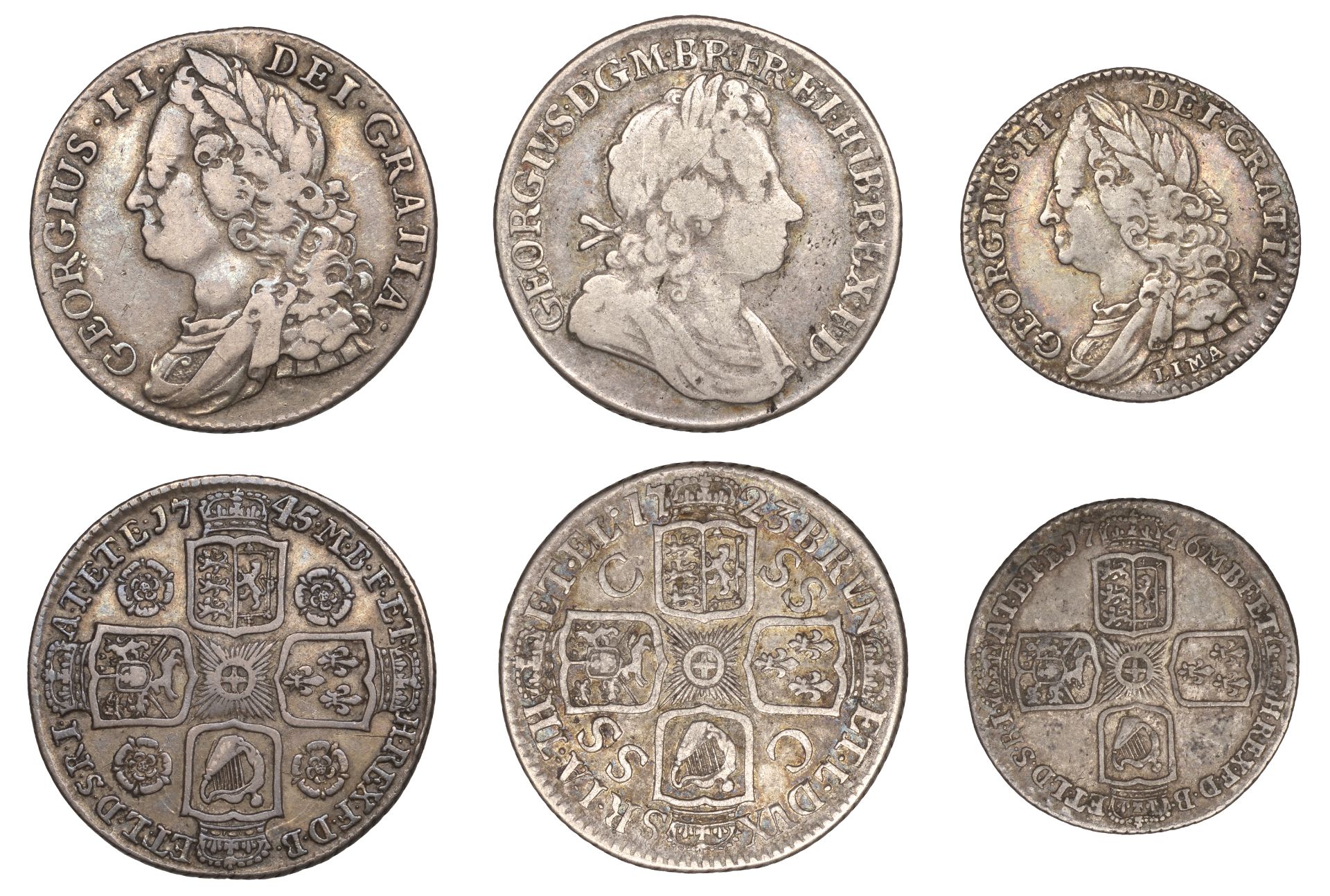 George I, Shilling, 1723 ssc, first bust (ESC 1586; S 3647); George II, Shilling, 1745 roses...