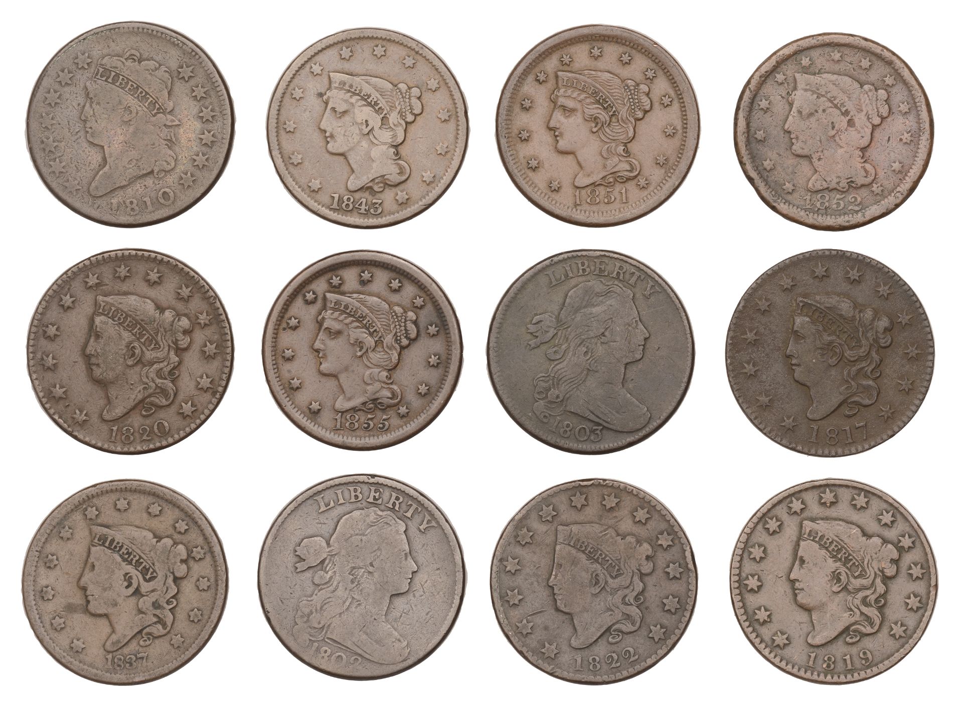 United States of America, Large Cents (12), 1802, 1803, 1810, 1817, 1819, 1820, 1822, 1837,...