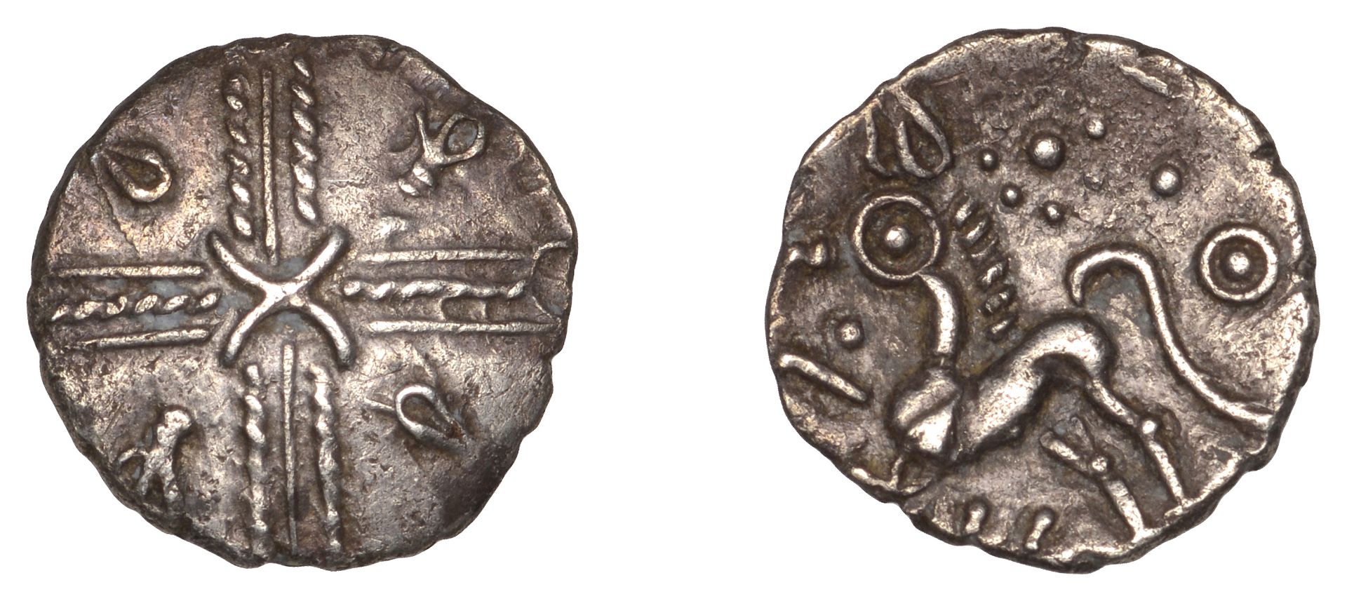 British Iron Age, CATUVELLAUNI, Tasciovanos (25 BC - AD 10), silver Unit, Muzzles type, cros...