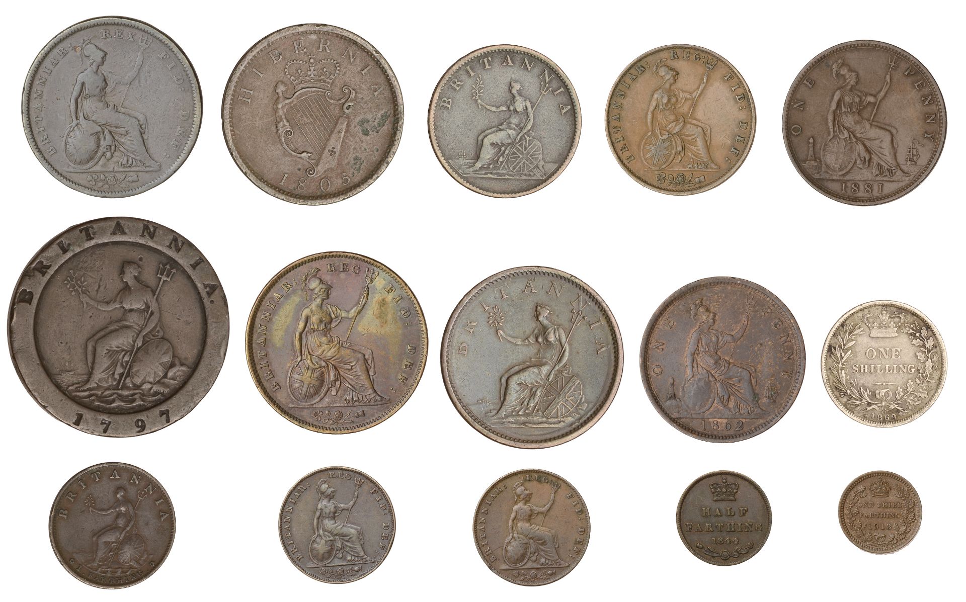 George III, Twopence, 1797; Penny and Halfpenny, 1807; Victoria, Shilling, 1869, Penny, 1841... - Bild 2 aus 2