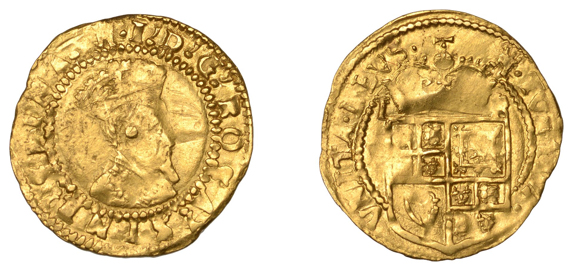 James I (1603-1625), Second coinage, gold Halfcrown, mm. tower, third bust, 1.30g/10h (SCBI...