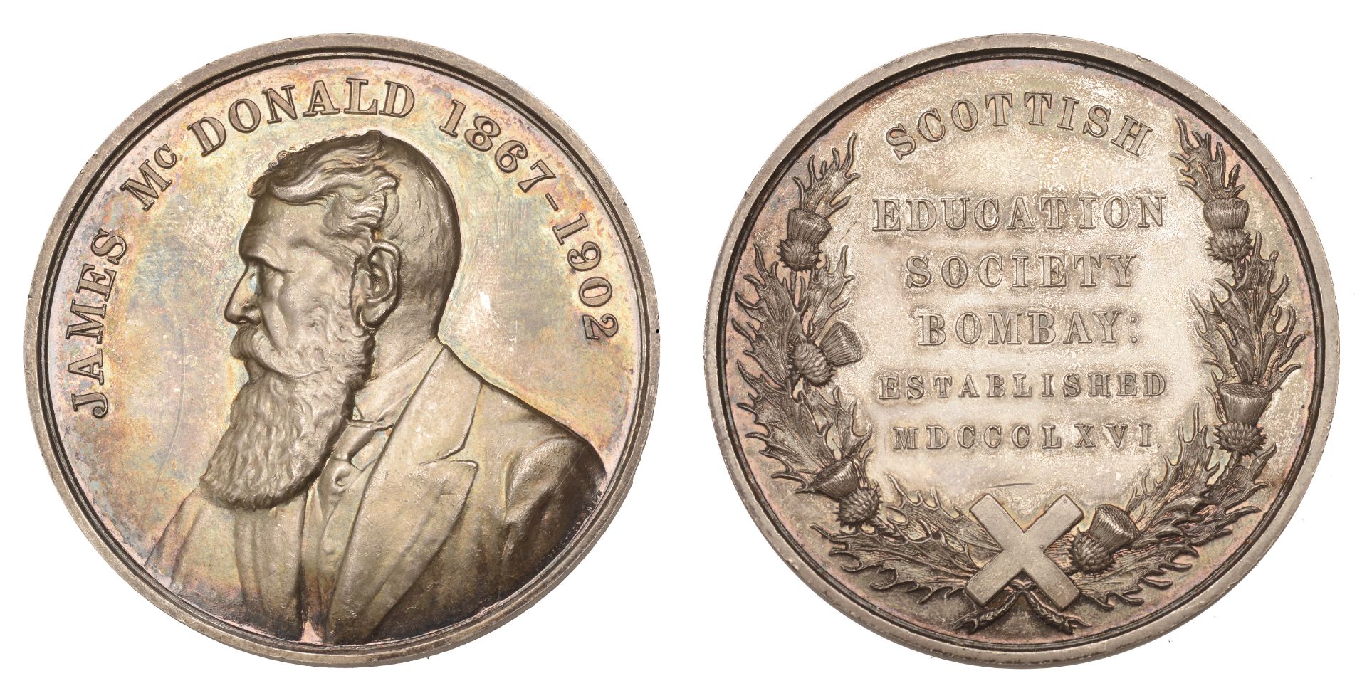 INDIA, Scottish Education Society, Bombay, McDonald Medal, a silver award by Vaughton, bust...