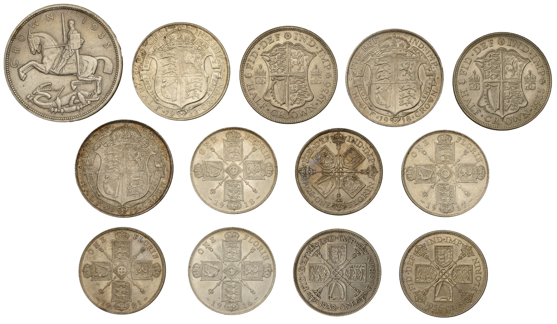 George V, Crown, 1935, Halfcrowns (5), 1915, 1918, 1922, 1935, 1936, Florins (7), 1916, 1917... - Bild 2 aus 2