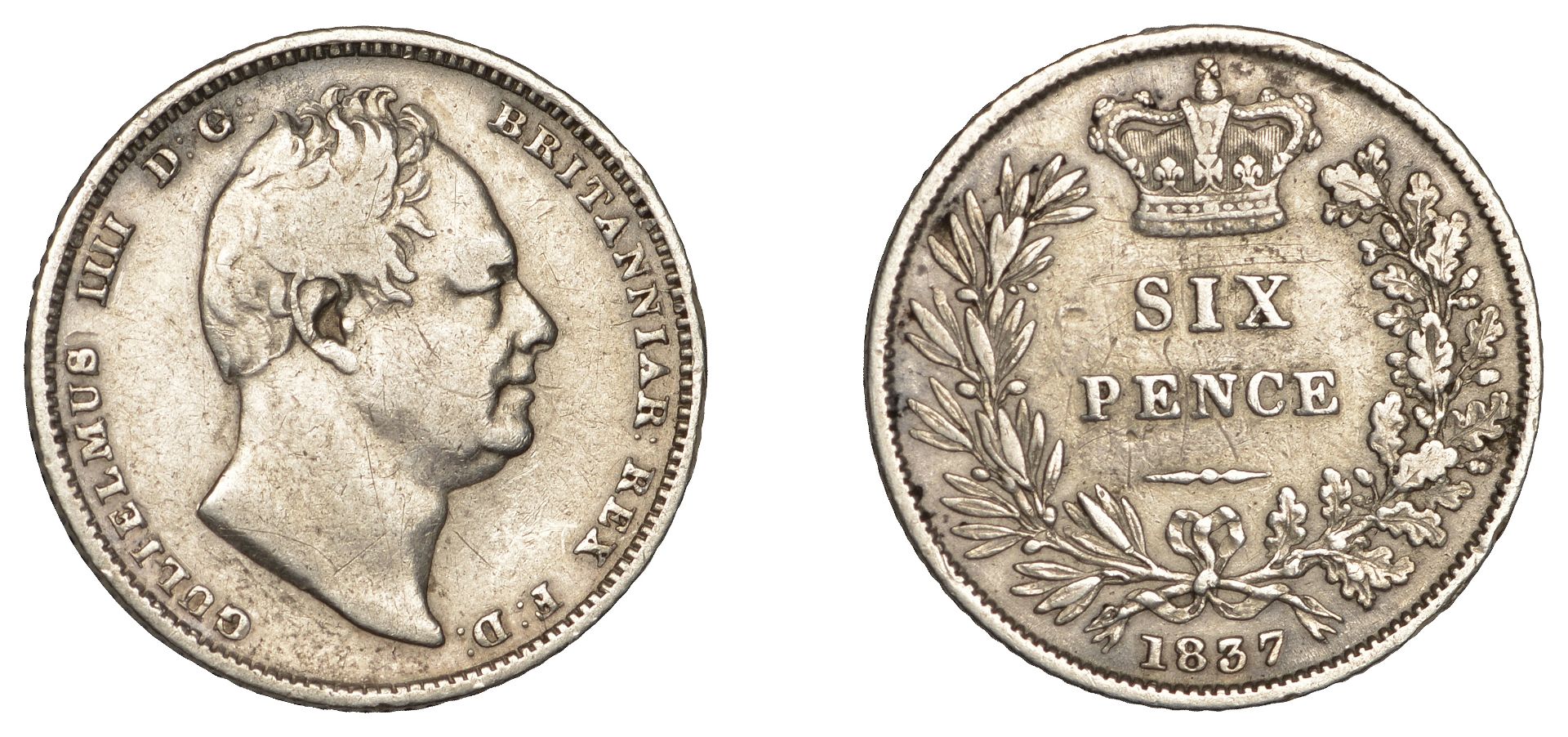 William IV (1830-1837), Sixpence, 1837, b of britanniar over r (ESC â€“; S 3836). Good fine, e...