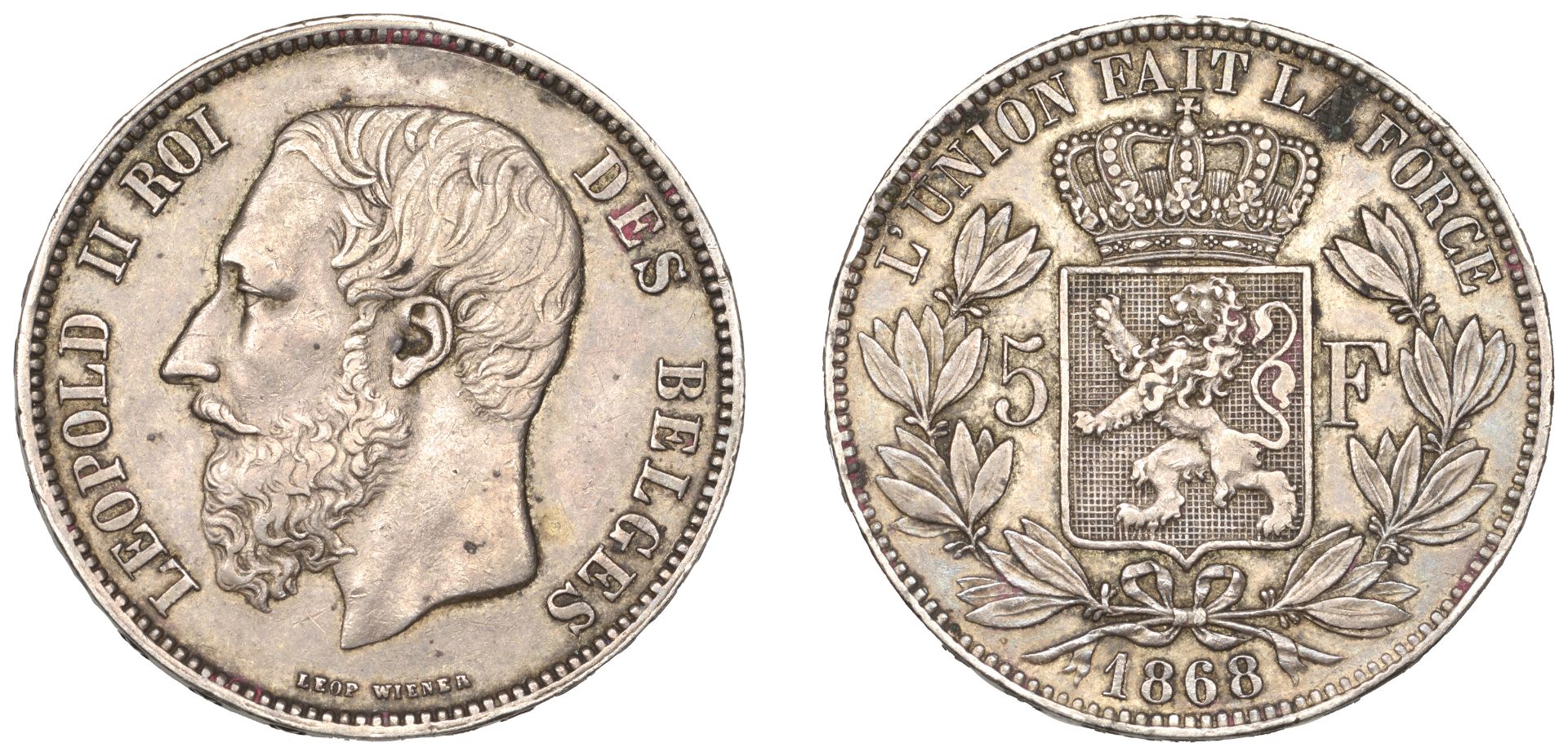 Belgium, Leopold II, 5 Francs, 1868, large bust (KM 25). Some edge bruises, very fine or bet...