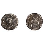 Early Anglo-Saxon Period, Sceatta, Secondary series X, Danish type B1, 'Wodan' head facing w...