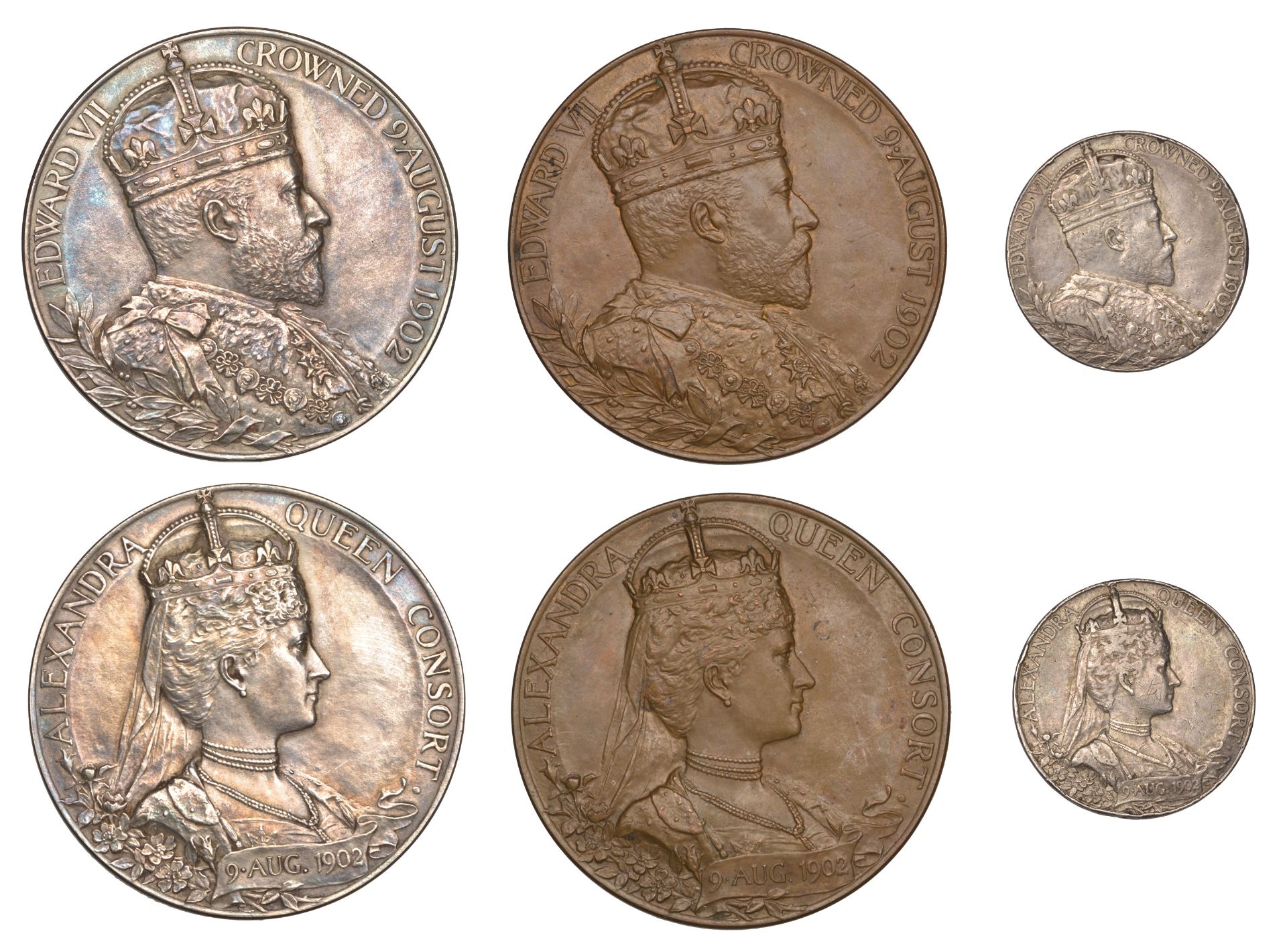 Coronation, 1902, silver (2) and bronze medals by G.W. de Saulles, 31mm, 55mm, 55mm (C & W 4...