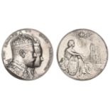 Coronation, 1902, a silver medal by E. Fuchs for Elkington, conjoined crowned busts right, r...