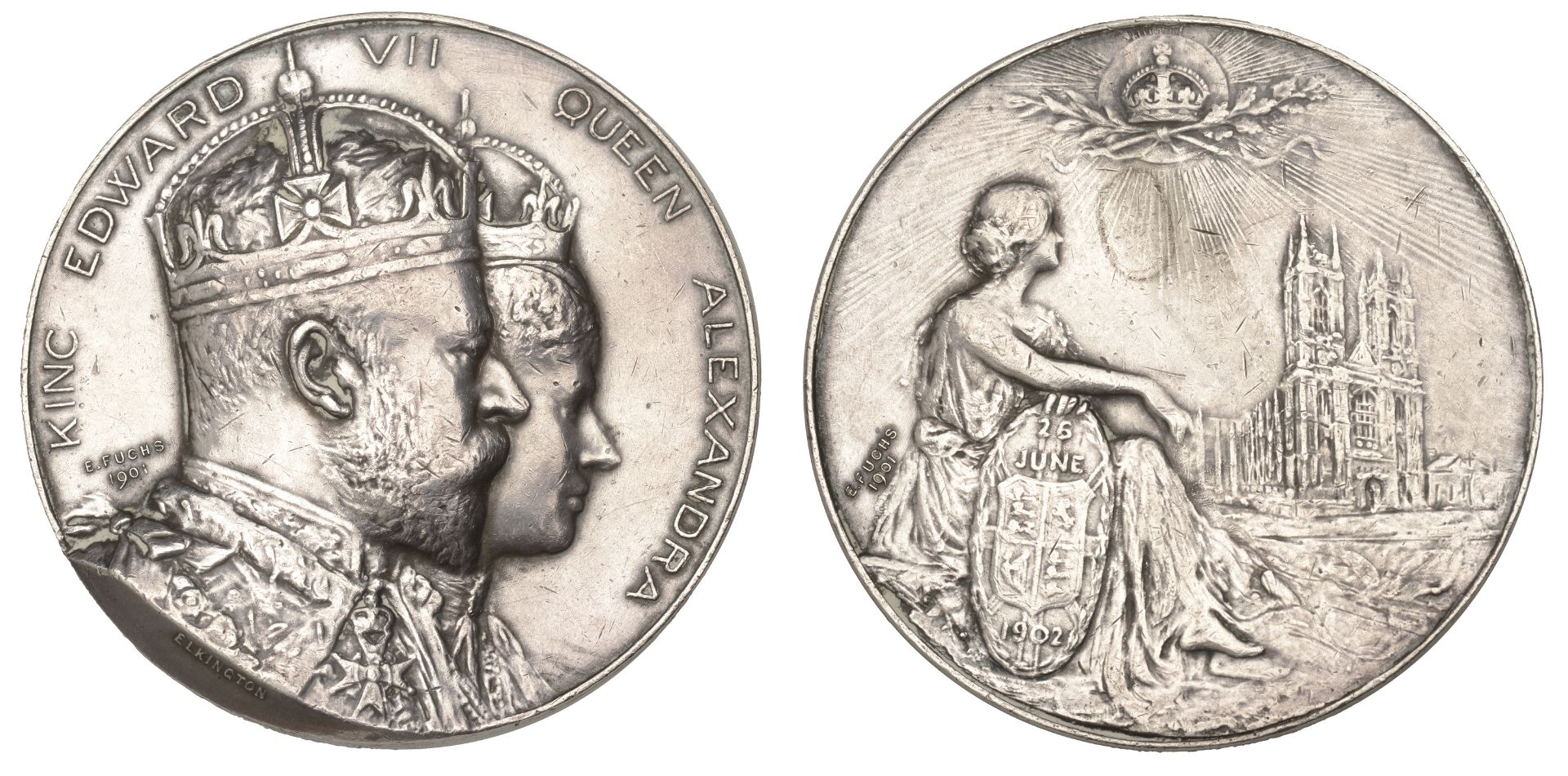 Coronation, 1902, a silver medal by E. Fuchs for Elkington, conjoined crowned busts right, r...
