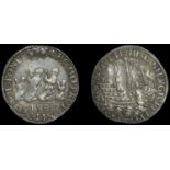 Defeat of the Spanish Armada, 1588, a silver jeton, four people kneeling left in prayer, rev...