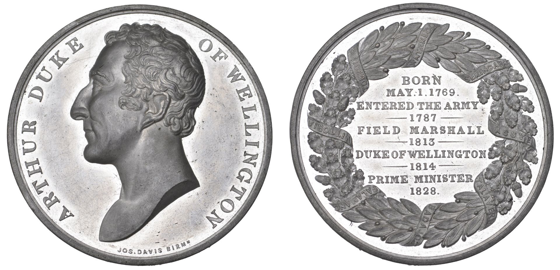 Prime Minister, 1828, a white metal medal by J. Davis, similar, 51mm (Eimer 103; BHM 1330)....