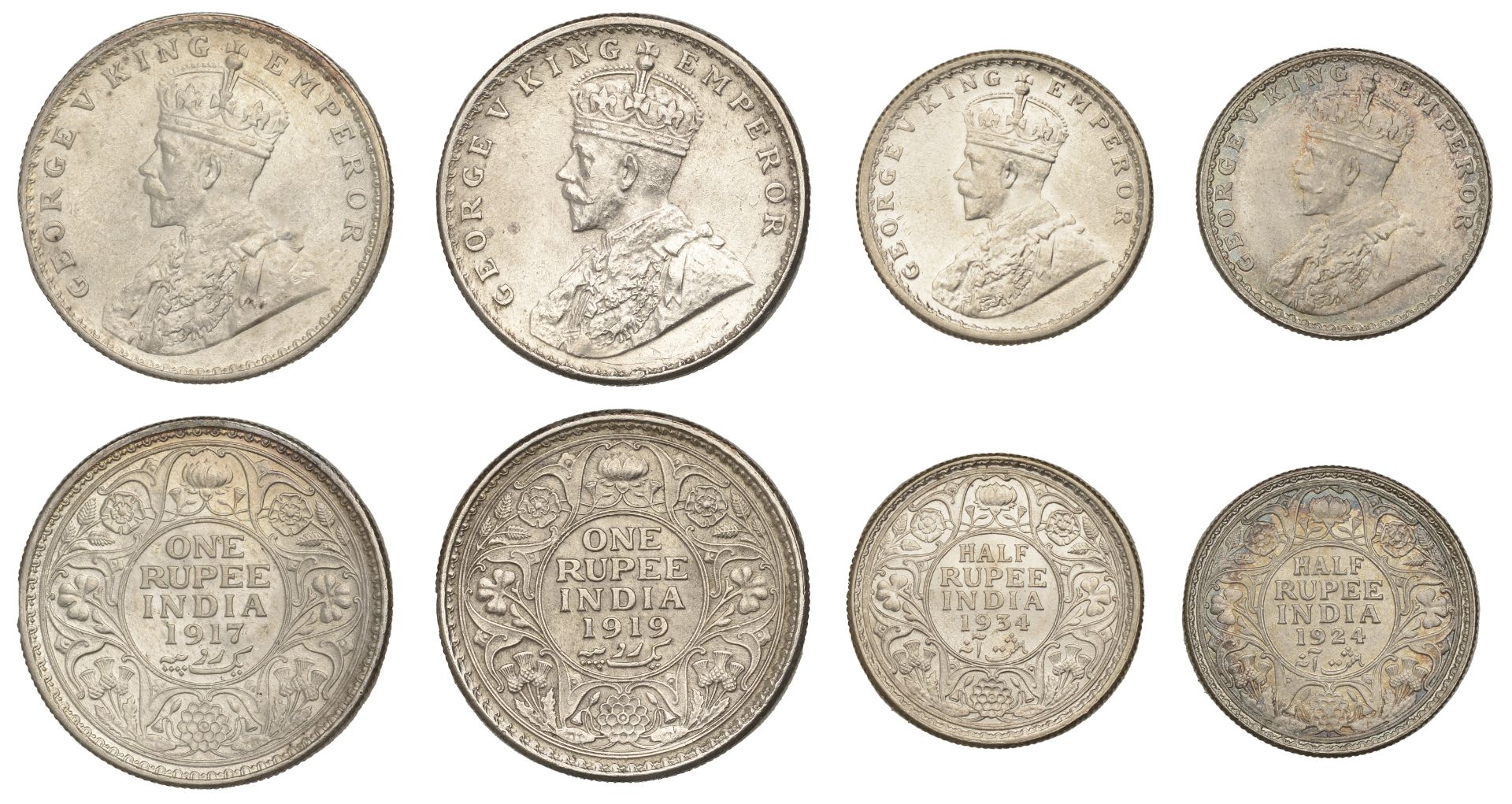 India, George V, Rupees (2), 1917, 1919, both Calcutta, Half-Rupees (2), 1924 Bombay, 1934 C...