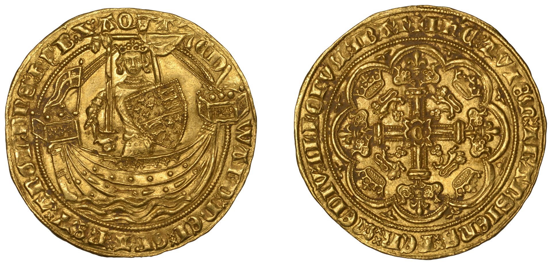 Edward III (1327-1377), Treaty period, Noble, Calais, type b, single trefoils by z, otherwis...
