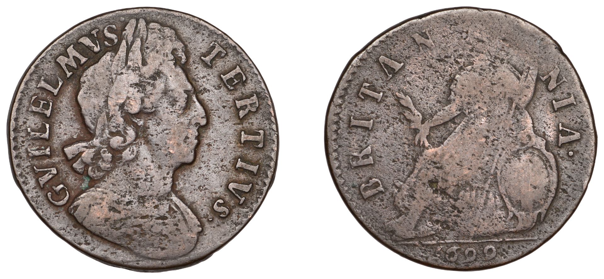 William III (1694-1702), Halfpenny, 1699, type 3, date in exergue, reads gvilelmvs (BMC 690;...