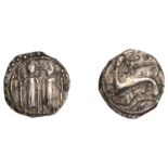 Early Anglo-Saxon Period, Sceatta, Series N, type 41b, two standing figures with elongated l...