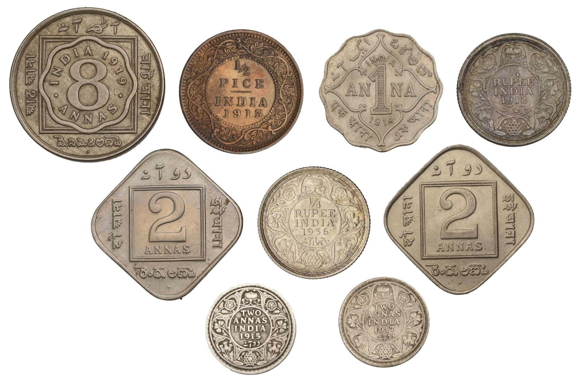 India, George V, Quarter-Rupees (2), 1912 Calcutta, 1936 Bombay; 8 Annas, 1919 Bombay; 2 Ann... - Bild 2 aus 2