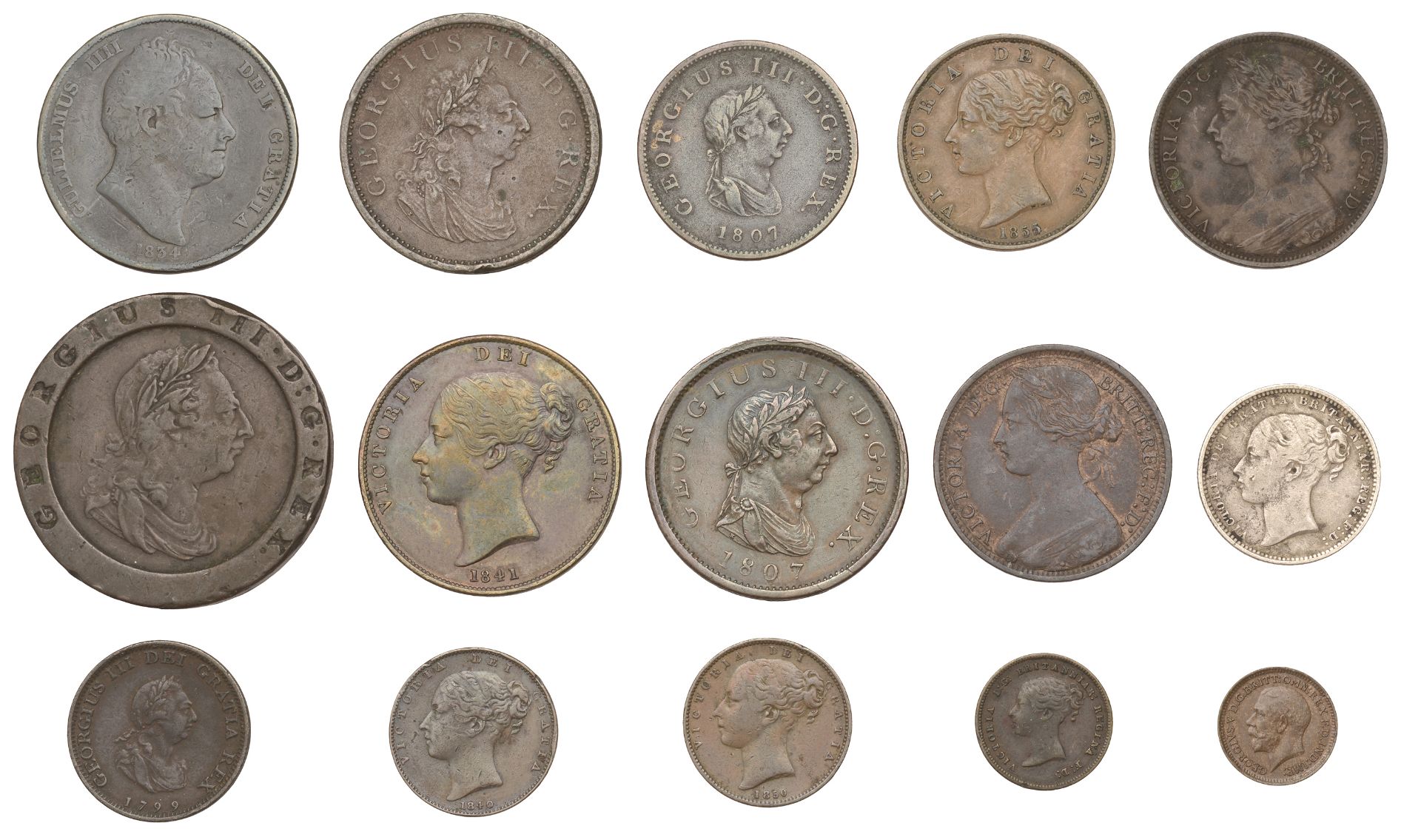 George III, Twopence, 1797; Penny and Halfpenny, 1807; Victoria, Shilling, 1869, Penny, 1841...