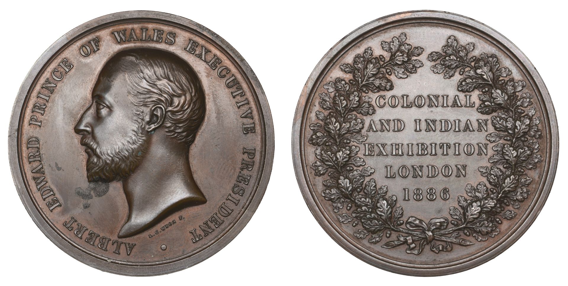 Colonial and Indian Exhibition, 1886, a bronze medal by L.C. Wyon, bare head left, rev. lege...