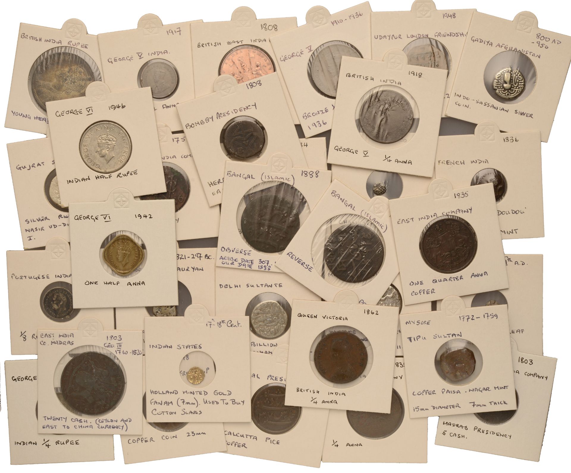 India, Miscellaneous Indian coins in gold (1), silver (8), and base metal (31) [40]. Varied...