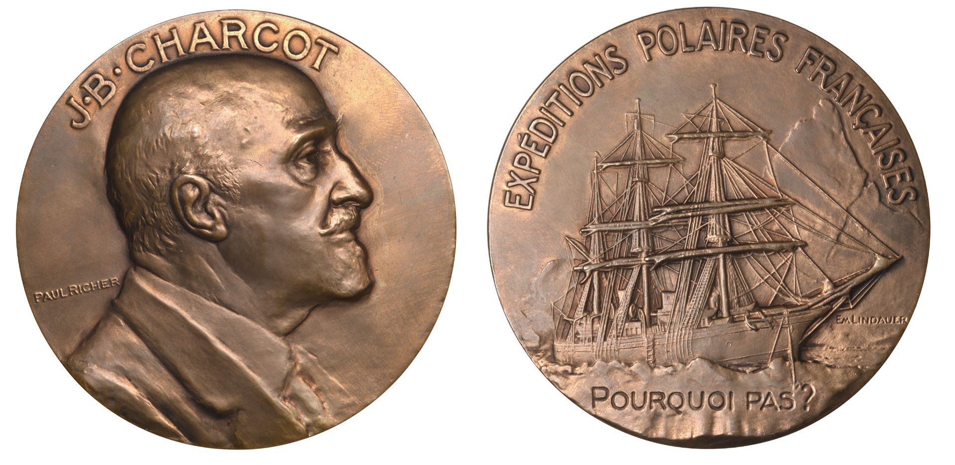 FRANCE, Jean Charcot, c. 1930, a bronze medal by P. Richer and E.E. Lindaeur, bust right, re...