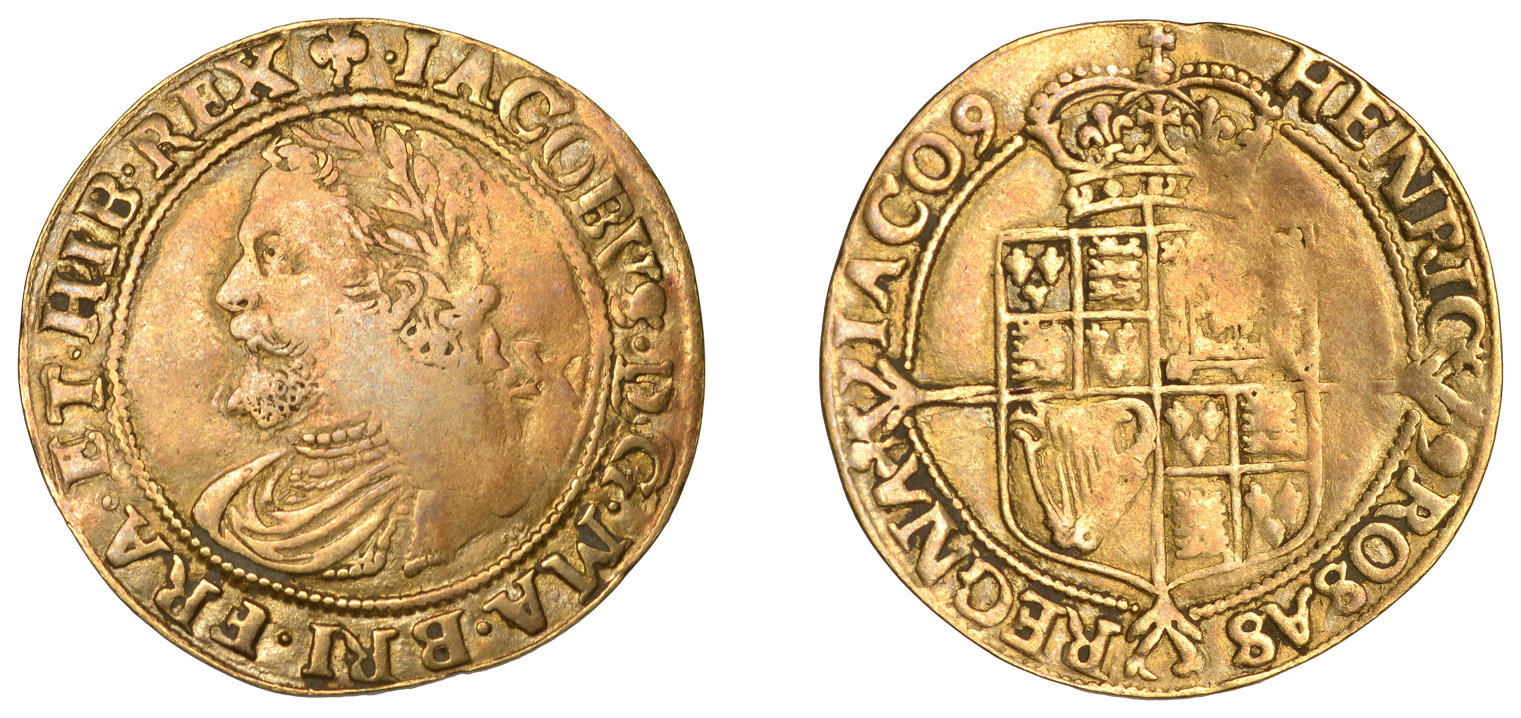 James I (1603-1625), Third coinage, Half-Laurel, mm. trefoil on obv. only, fourth bust, smal...