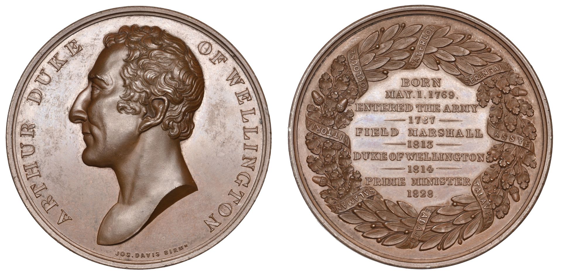 Prime Minister, 1828, a copper medal by J. Davis, bare head left, legend within wreath, 51mm...