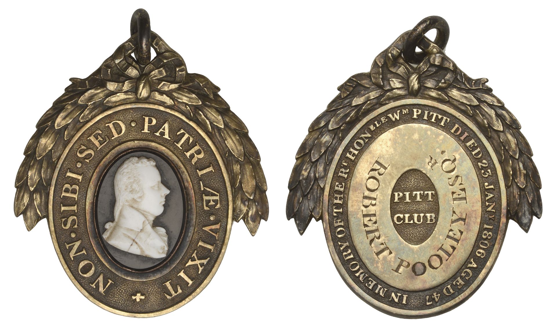 London Pitt Club, an oval silver-gilt member's badge, c. 1810-15, cameo portrait of William...