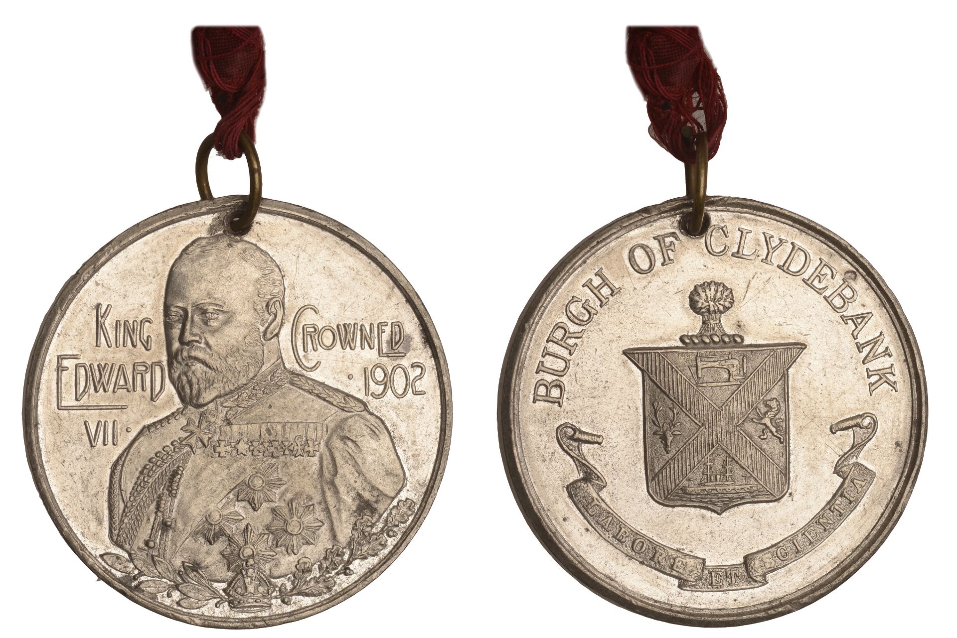 Coronation, 1902, Clydebank, a white metal medal, unsigned, uniformed bust three-quarters le...