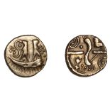 British Iron Age, GALLO-BELGIC, Quarter-Stater, series D, 'Boat Tree' type, crescent with tw...