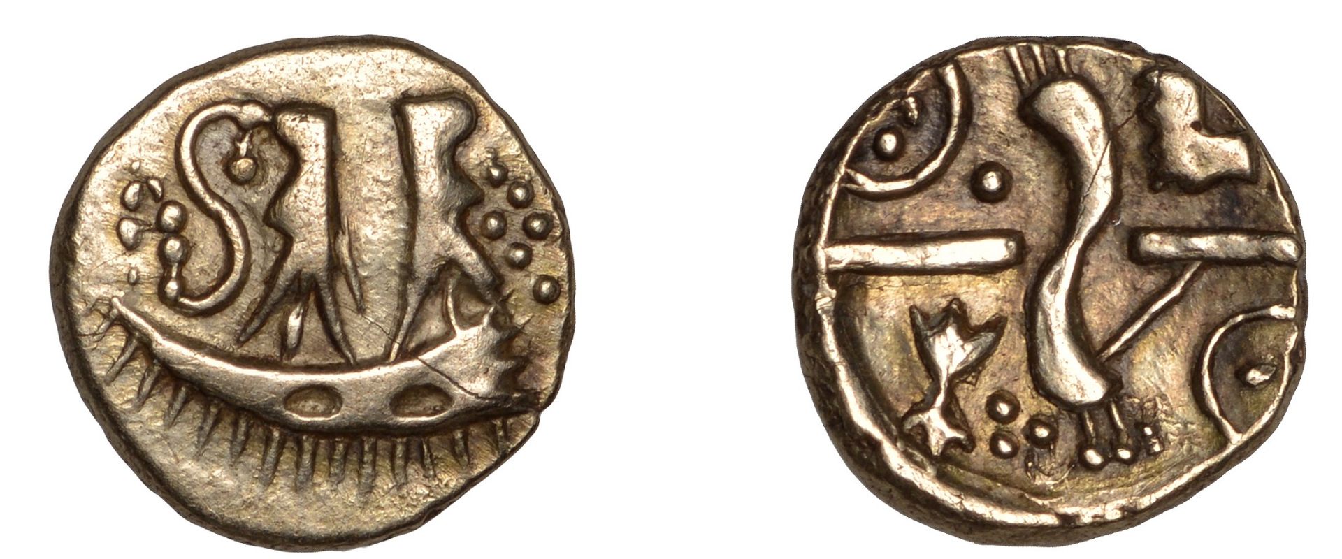 British Iron Age, GALLO-BELGIC, Quarter-Stater, series D, 'Boat Tree' type, crescent with tw...