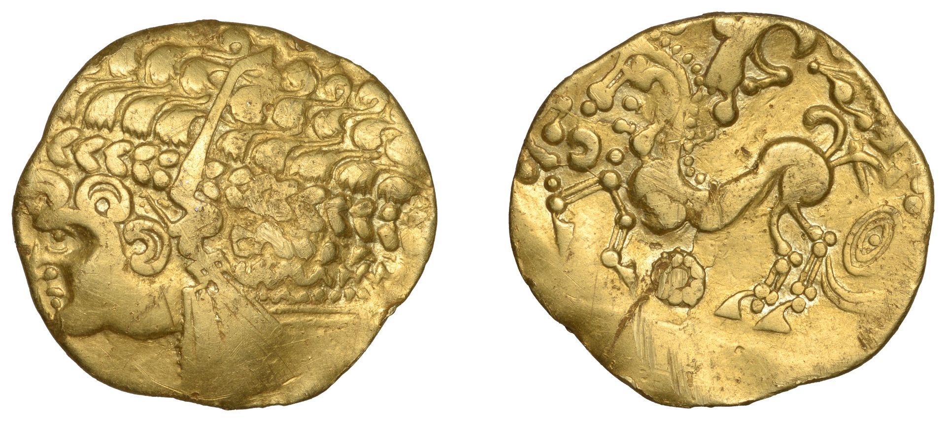 British Iron Age, GALLO-BELGIC, Stater, series Ab [Ambiani], laureate head of Apollo left, r...