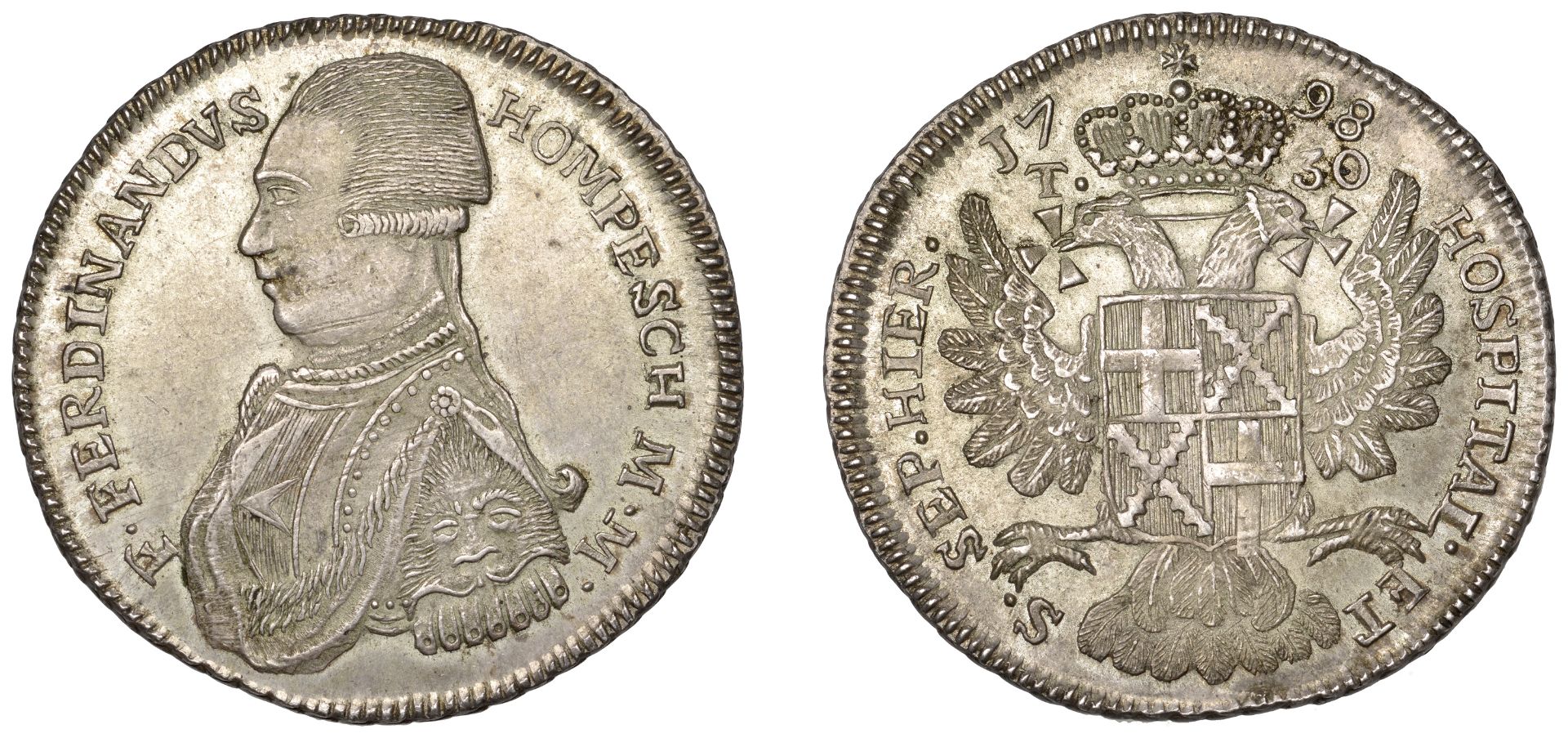 Malta, Ferdinand von Hompesch, 30 Tari, 1798, 29.70g/6h (RS 5; Dav. 1611). About extremely f...