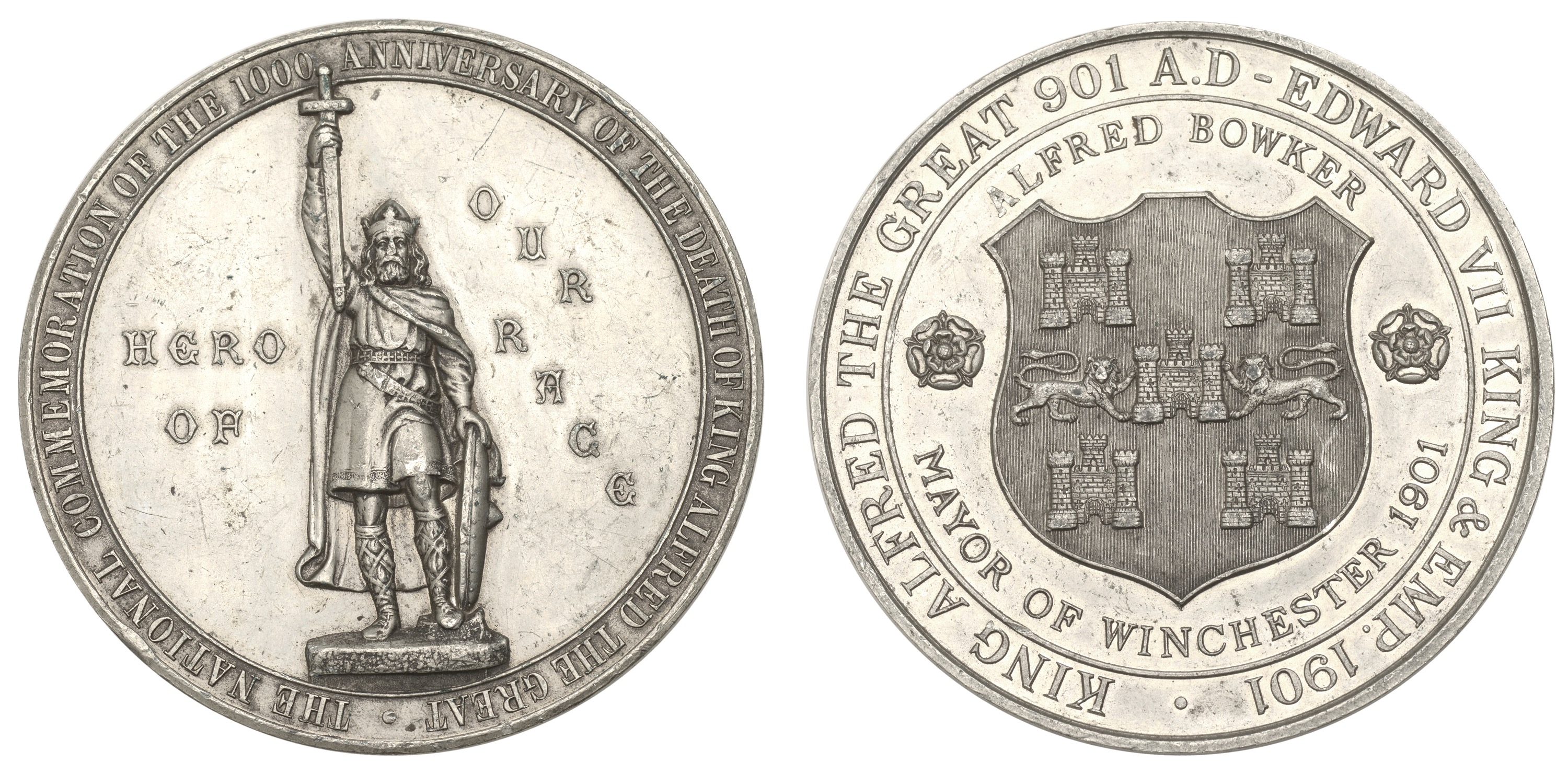 Millenary of the Death of Alfred the Great, 1901, a white metal medal, unsigned, Alfred stan...