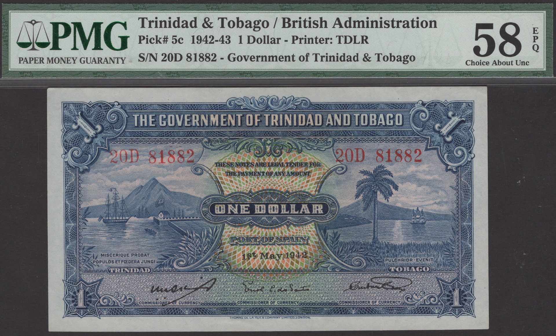 Government of Trinidad and Tobago, $1, 1 May 1942, serial number 20D 81882, in PMG holder 58...