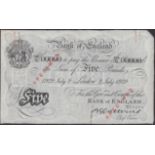 Bank of England, Basil G. Catterns, specimen Â£5, 2 July 1929, serial number 000/Q 000000, tw...