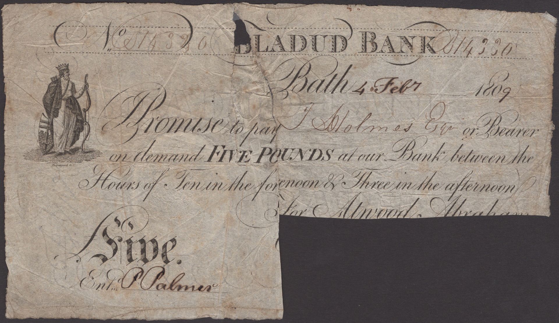 Bladud Bank, Bath, for Atwood, Abrahams, Collett, Salmon & Harris, Â£5, 4 February 1809, seri...