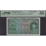 Banco Nacional Ultramarino, Portuguese India, printers archival specimen 5 Rupias, 29 Novemb...