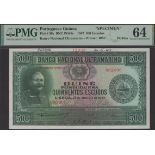 Banco Nacional Ultramarino, Portuguese Guinea, printers archival specimen 500 Escudos, 27 Ma...