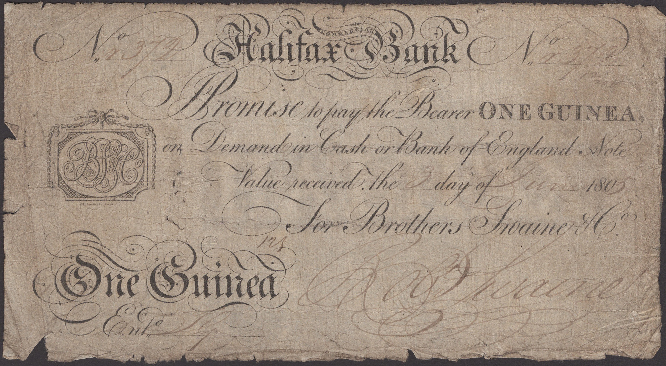 Halifax Commercial Bank, for Brothers Swaine & Co., 1 Guinea, 3 June 1805, serial number r37...