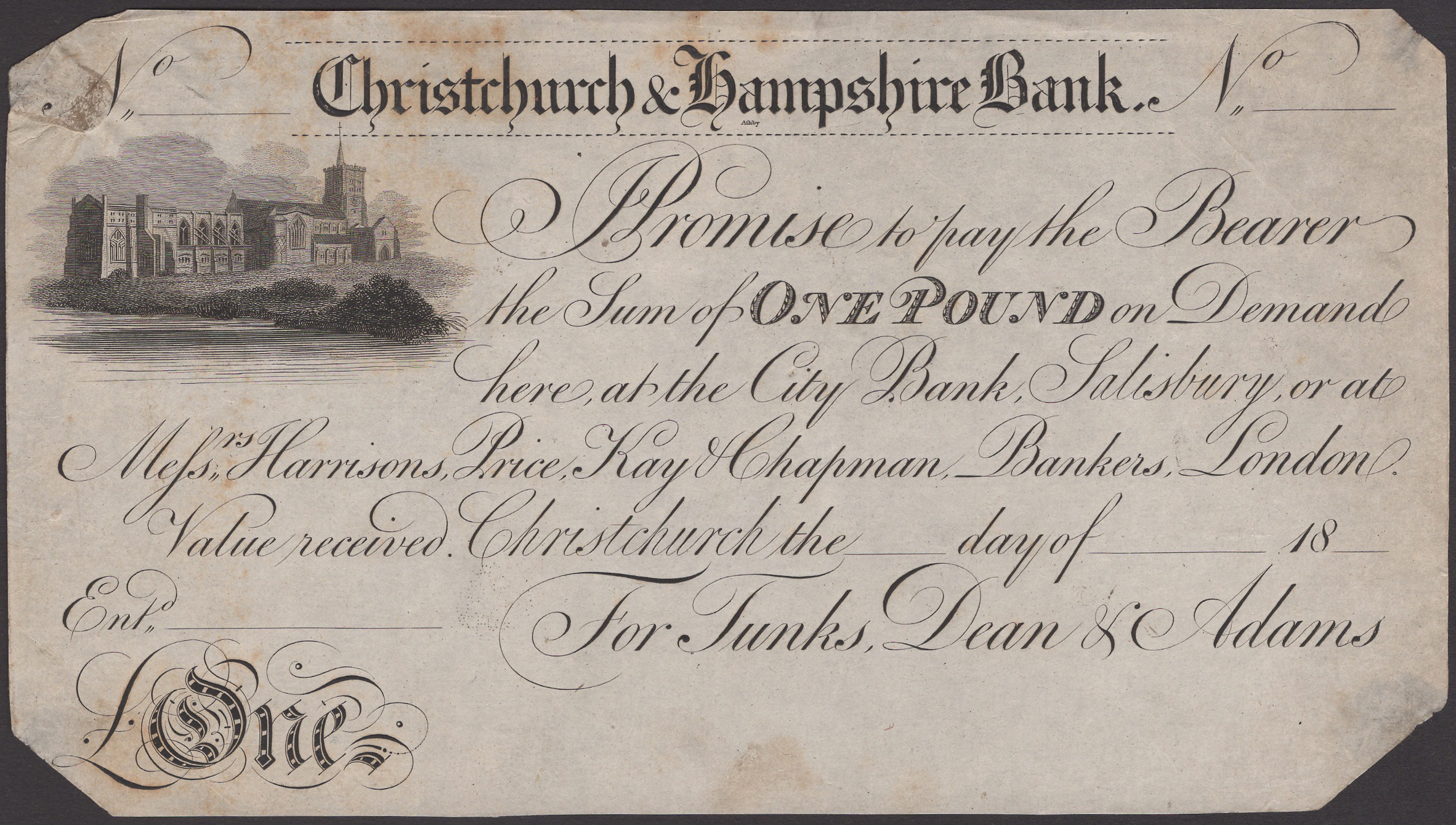 Christchurch & Wimborne Bank, for Tunks, Dean & Adams, proof Â£1, 18-, no signatures or seria...