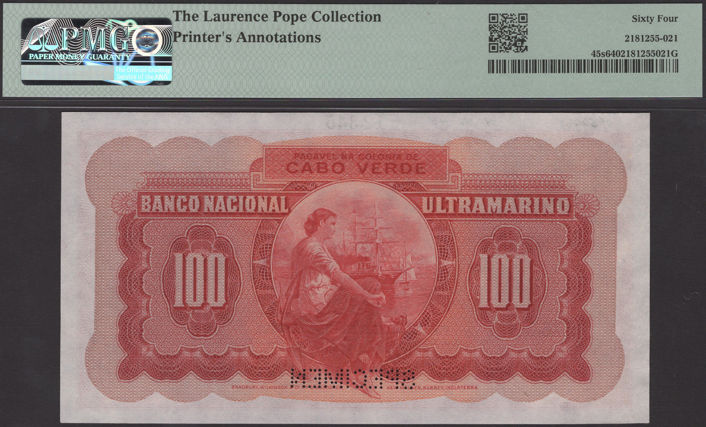 Banco Nacional Ultramarino, Cape Verde, printers archival specimen 100 Escudos, 16 November... - Image 2 of 2