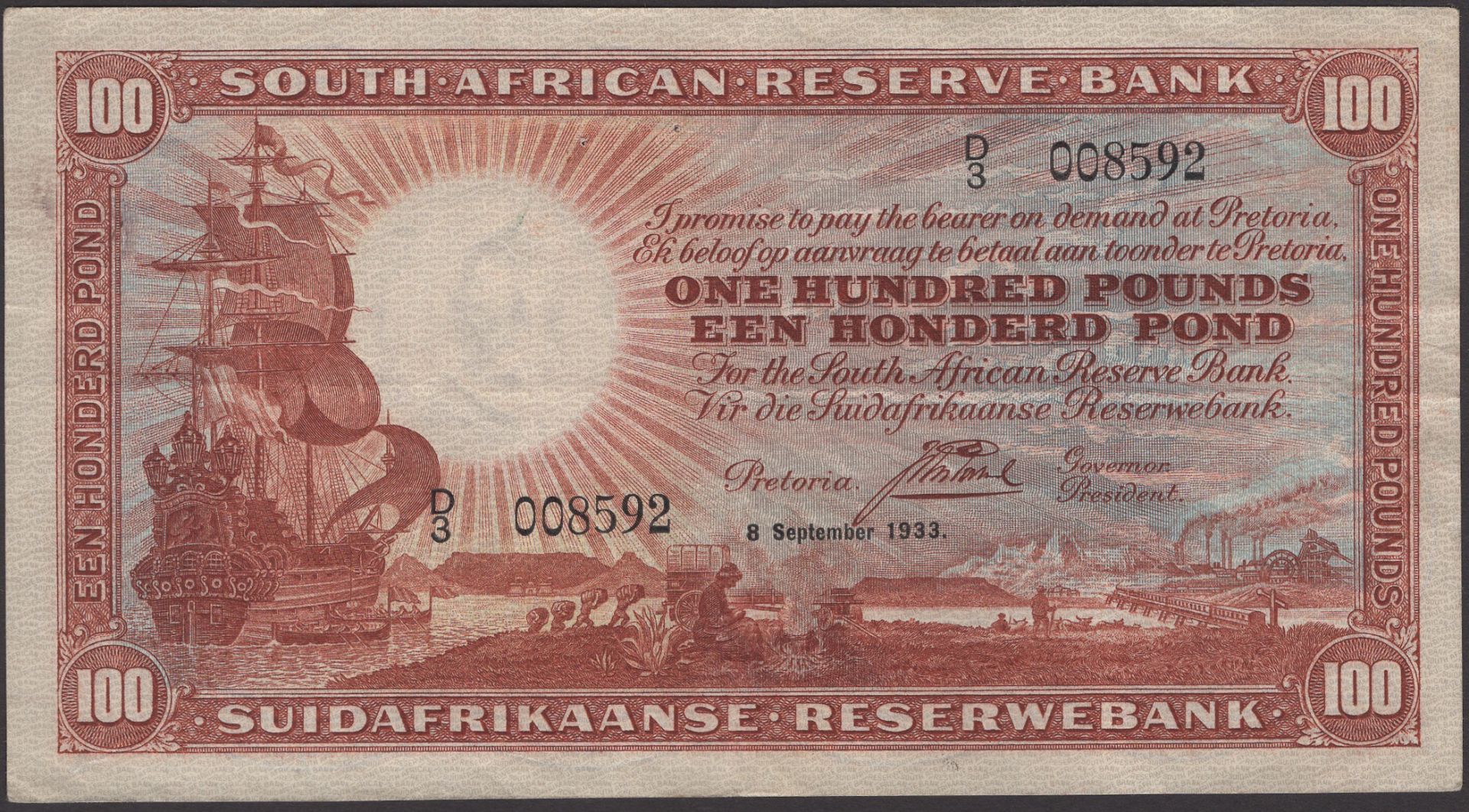 South African Reserve Bank, Â£100, 8 September 1933, serial number D/3 008592, Postmus signat...