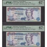 Central Bank of the Bahamas, $100 (2), 2000, serial numbers L108165-66, Francis signature, i...