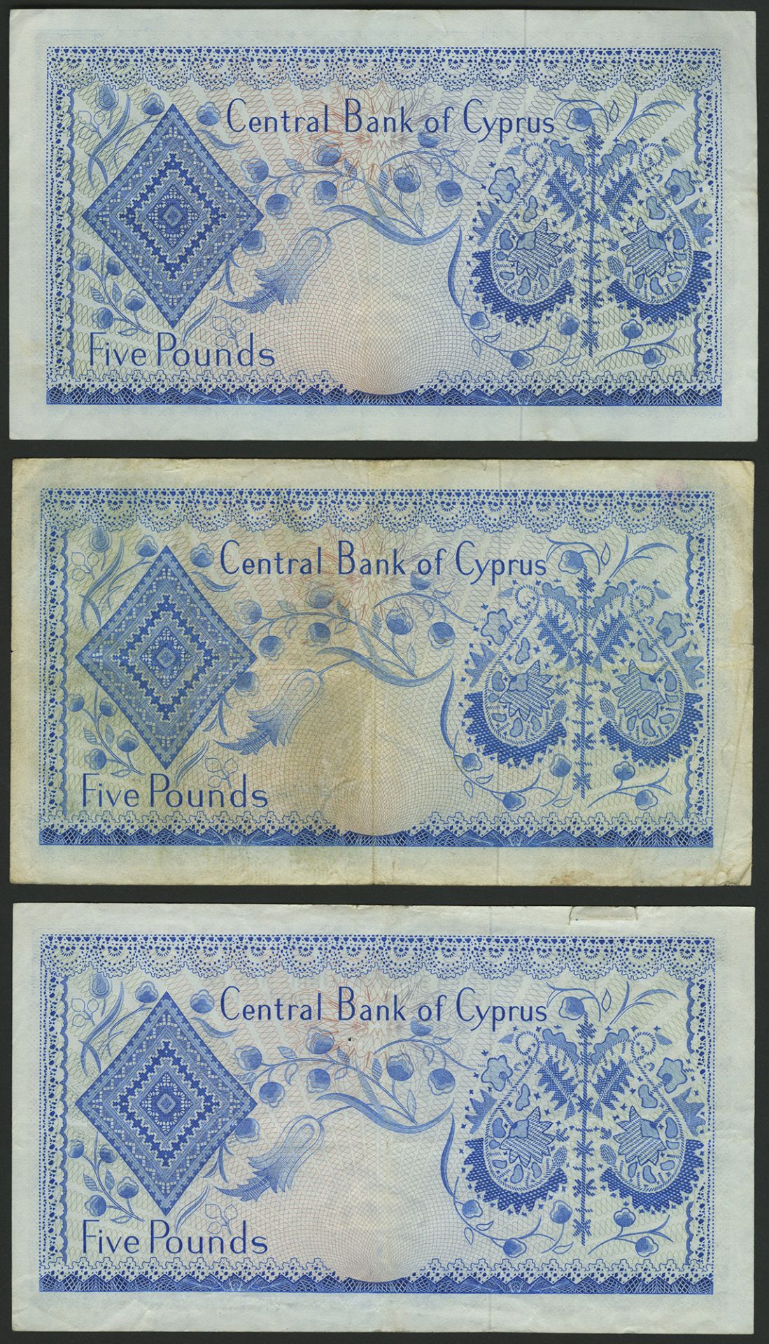 Central Bank of Cyprus, a set of Â£5 notes, dated 1967, prefix C/23, 1969, prefix F/48, 1972,... - Bild 4 aus 4
