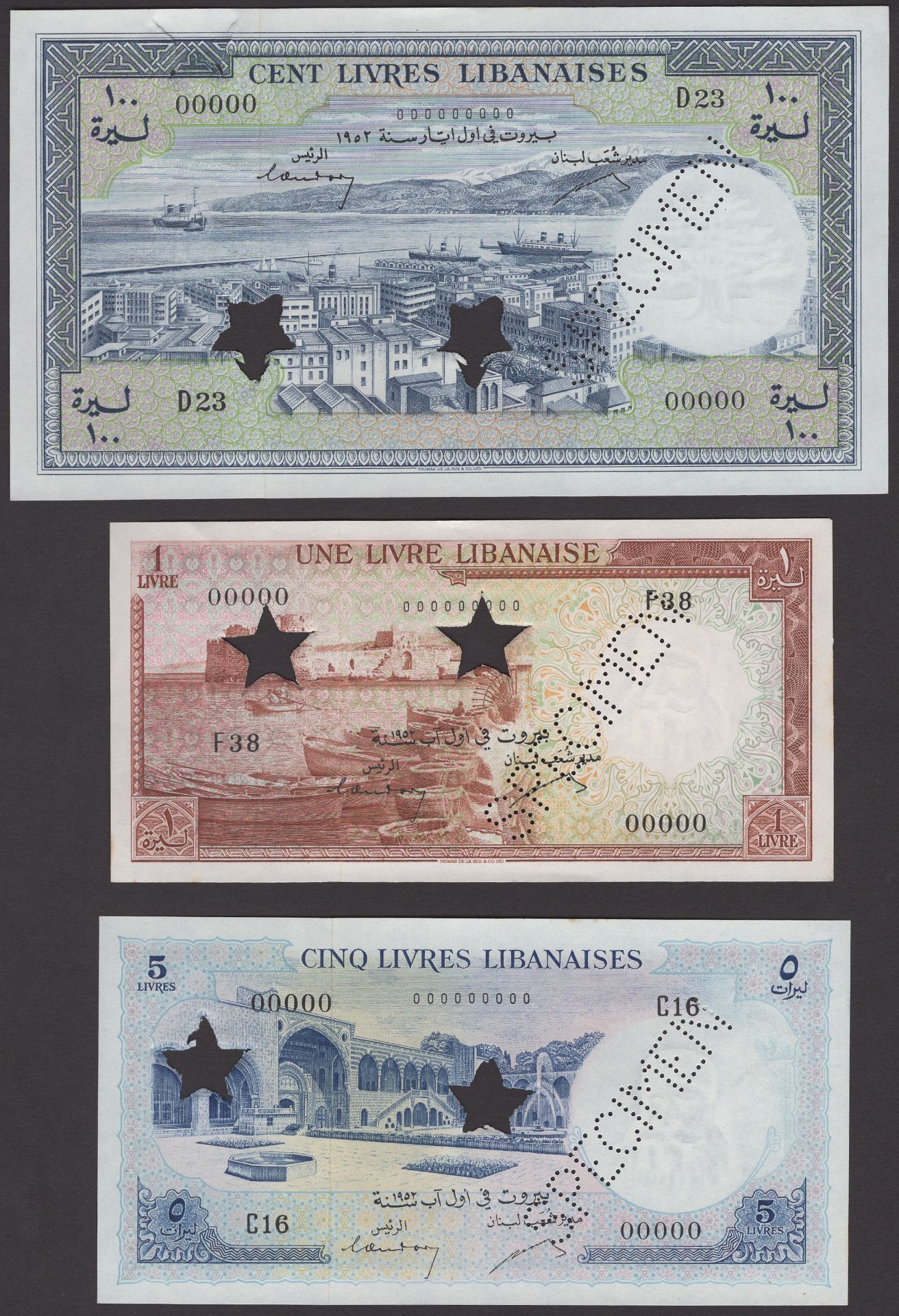 Banque de Syrie et du Liban, Lebanon, specimen 1, 5, 10 and 100 Livres, 1952/1956, prefixes...