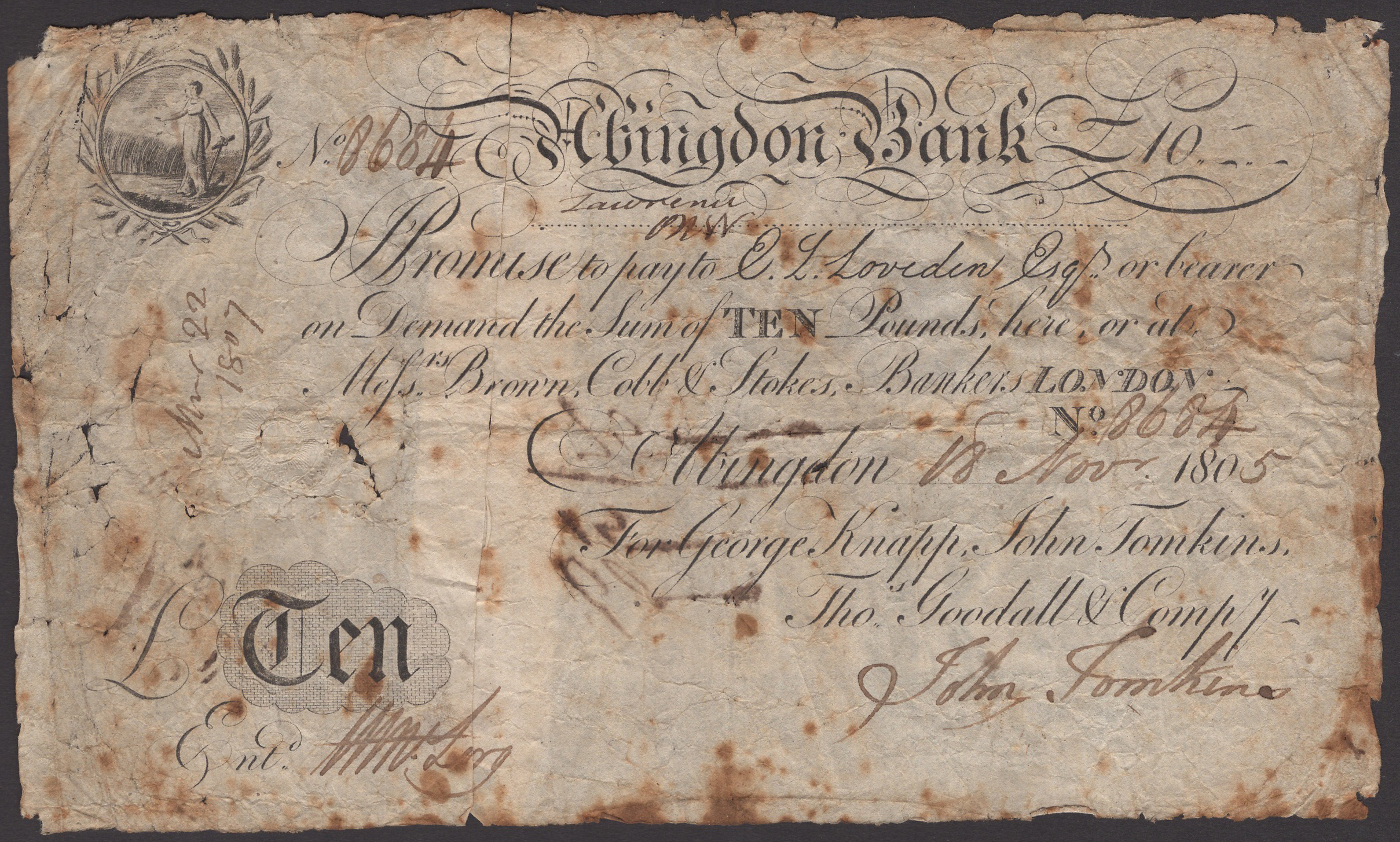 Abingdon Bank, for George Knapp, John Tomkins, Thos Goodall & Company, Â£10, 18 November 1805...