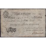 Bank of England, Henry Hase, Â£5, 15 September 1814, serial number 7414, manuscript signature...