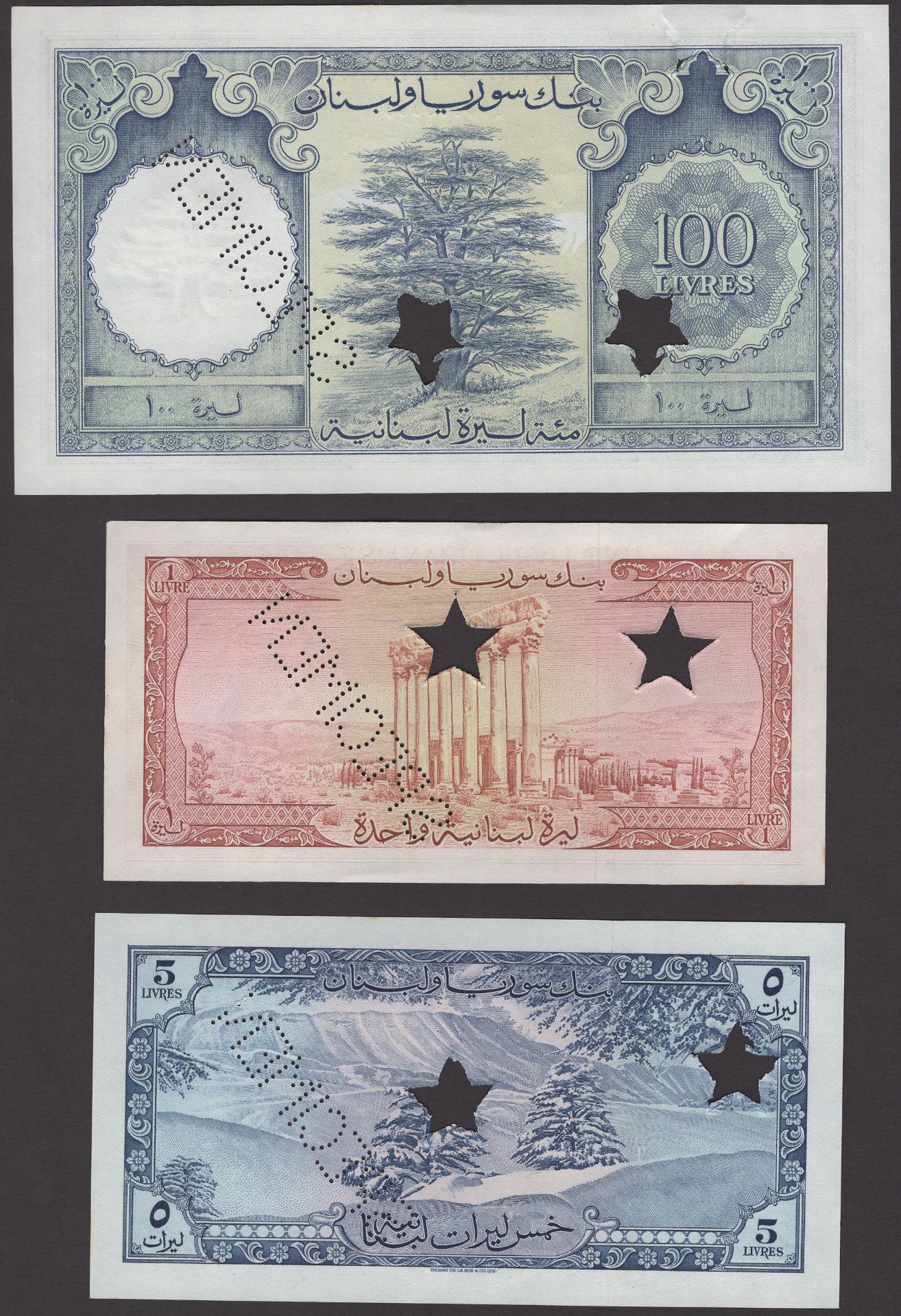 Banque de Syrie et du Liban, Lebanon, specimen 1, 5, 10 and 100 Livres, 1952/1956, prefixes... - Bild 2 aus 4